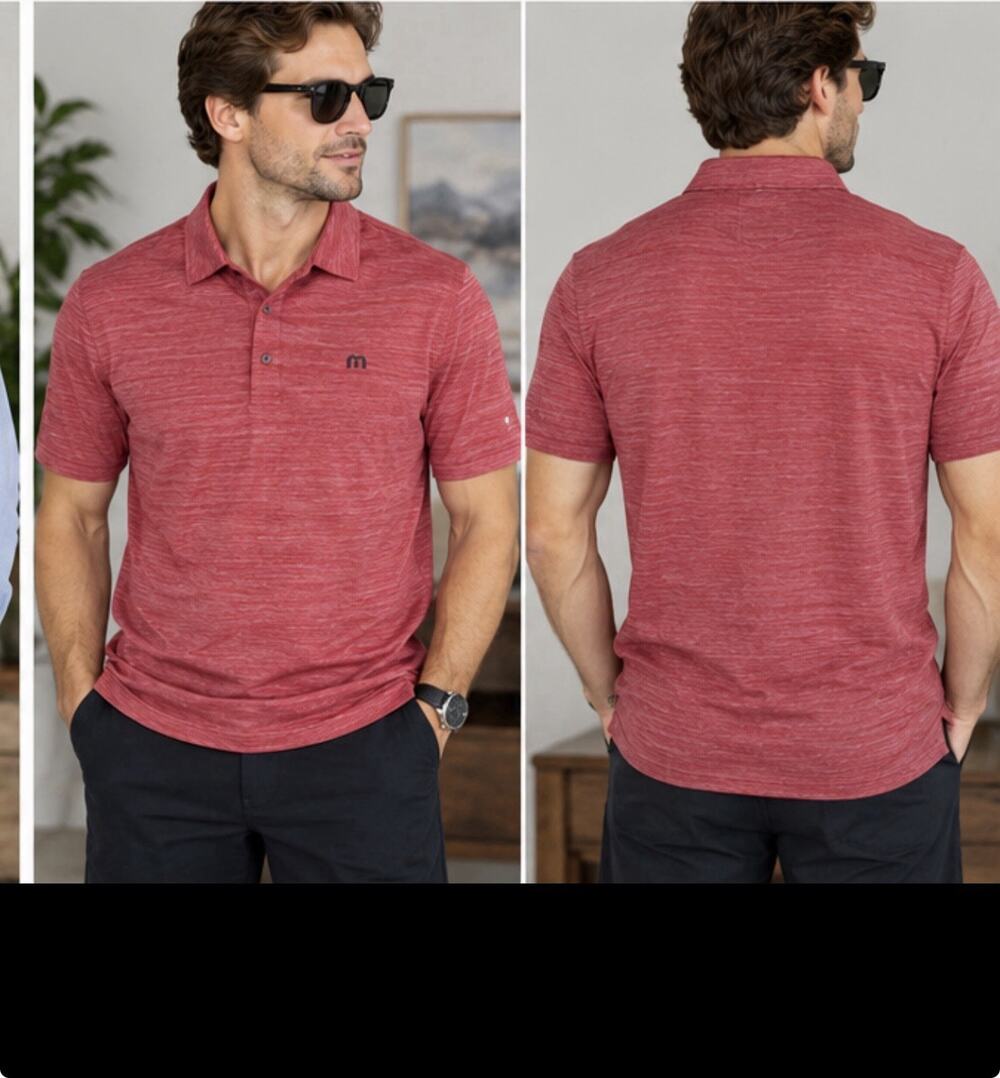 TravisMathew Men’s M Red Heather Stripe Performance Golf Polo Shirt